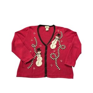 Womens Red Christmas Sweater Snowman Ugly Holiday Cardigan Button Front